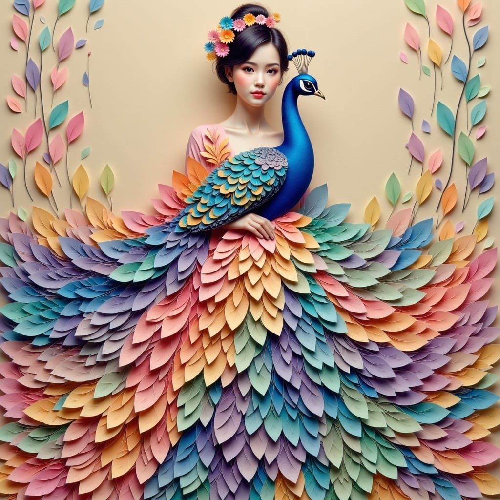 Ethereal Peacock Goddess in Traditional Japanese Attire
