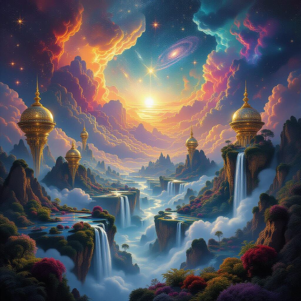 Surreal Fantasy Landscape with Cosmic Nebulae and Golden Str...