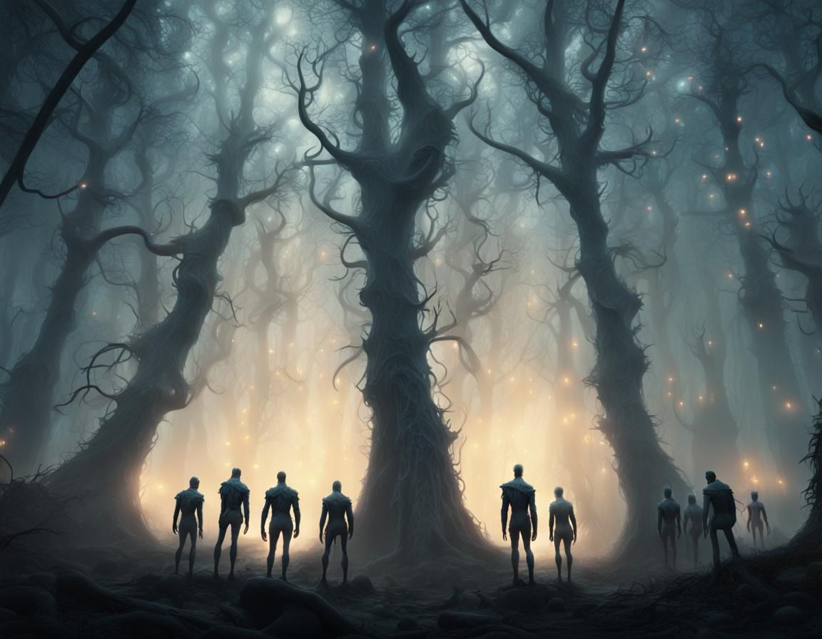 Humanoid Tree-Men in Fog-Shrouded Forest: Digital Matte Pain...