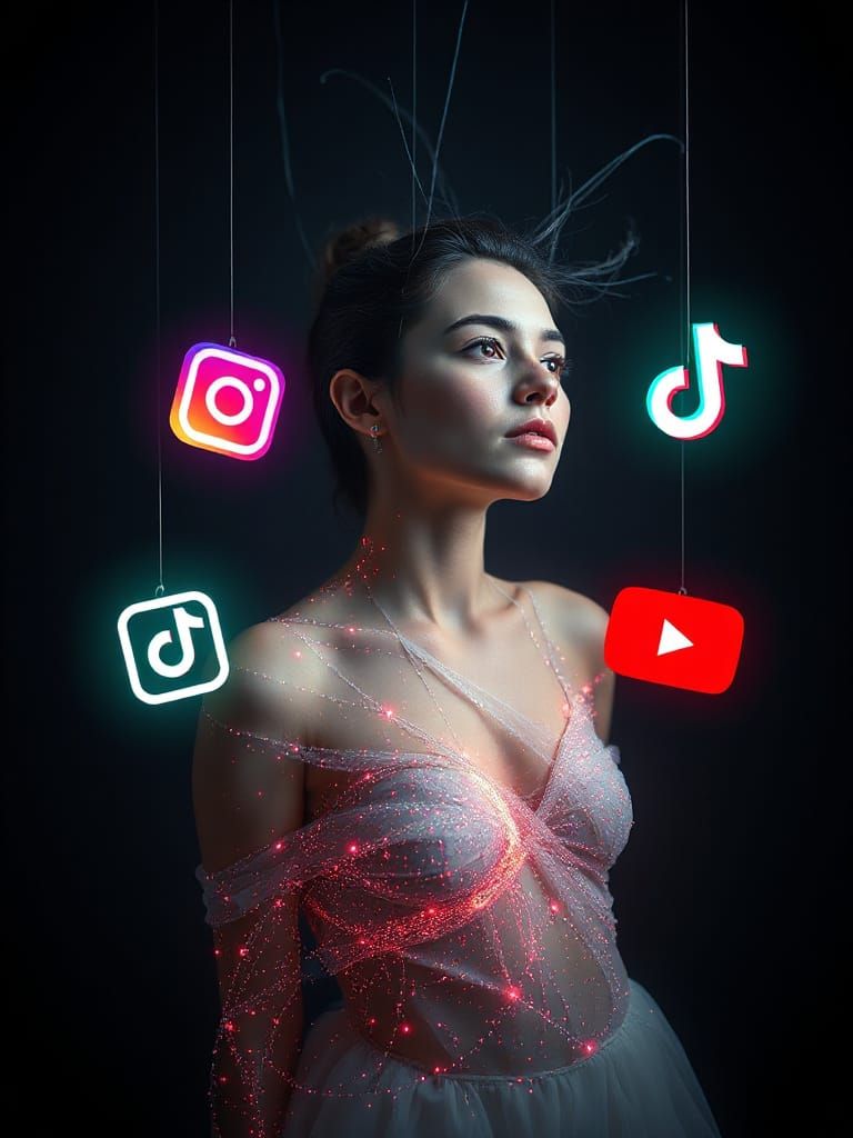 Ethereal Woman in Void Connecting to Social Media
