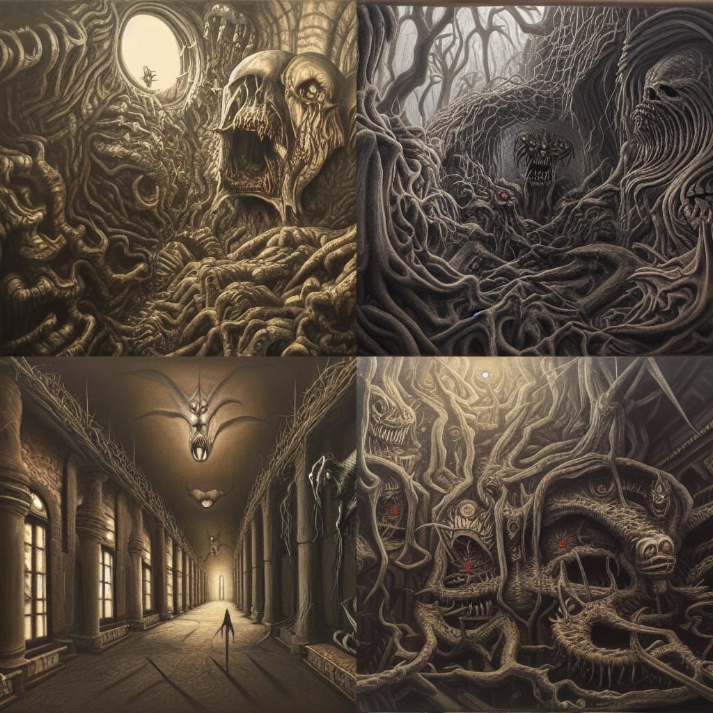 Terrifying Viscous Gorgulon in Dark Hall, Oil on Canvas