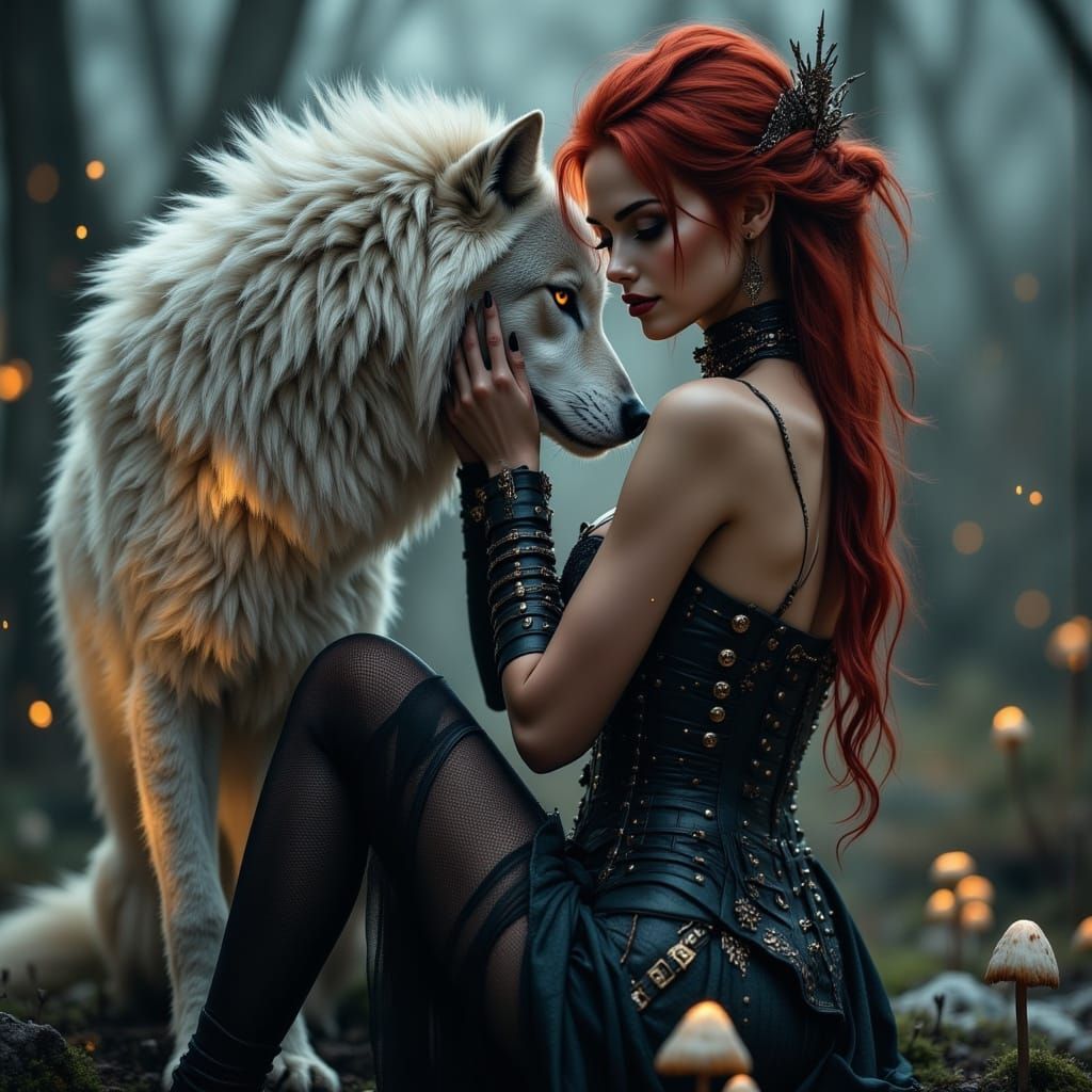 Sultry Redhead with Snow-White Wolf in Muted Moonlit Night