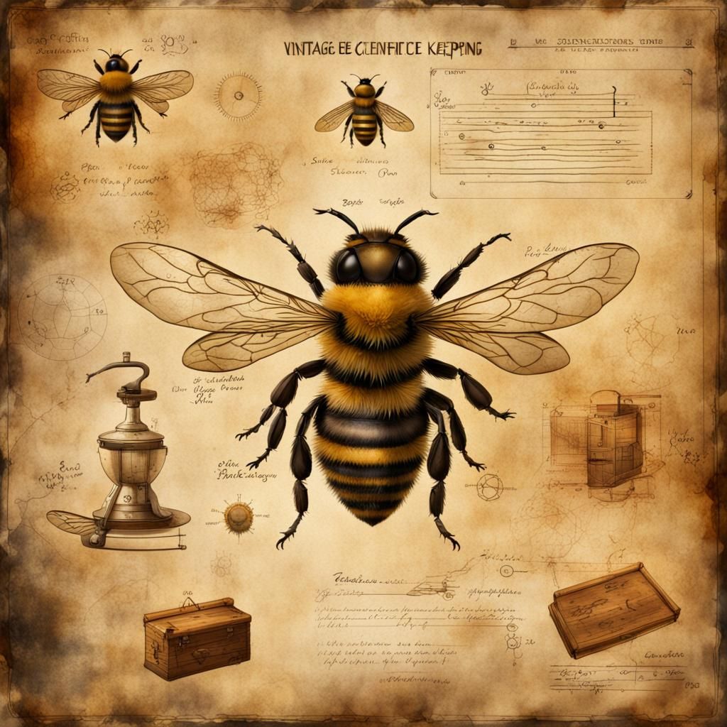 Detailed Watercolor Parchment of Bee Keeping Diagram