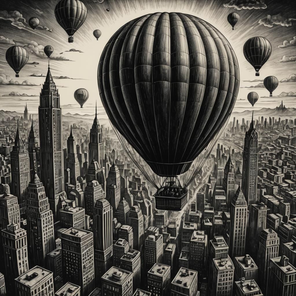 Retrofuturistic Hot Air Balloon Soaring Over Metropolis