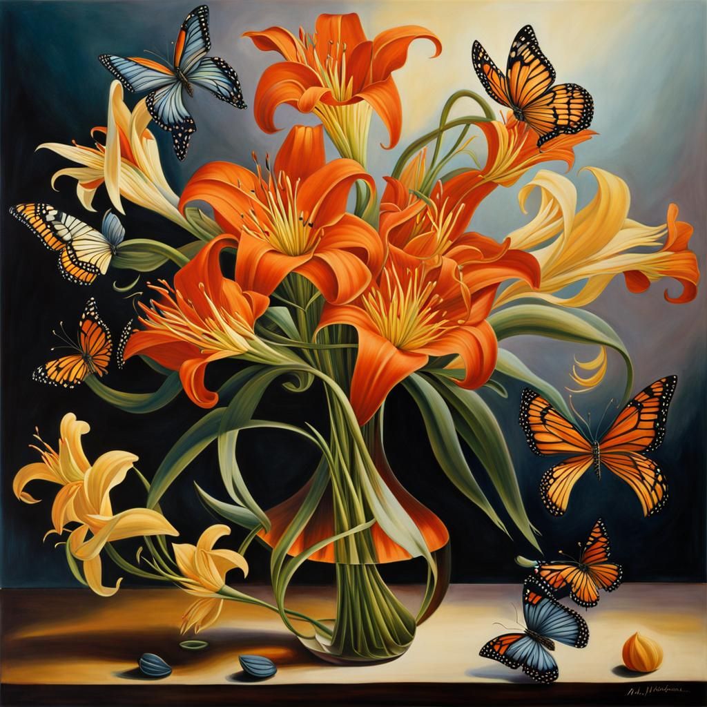 Surrealist lilies swallow vase and butterflies.