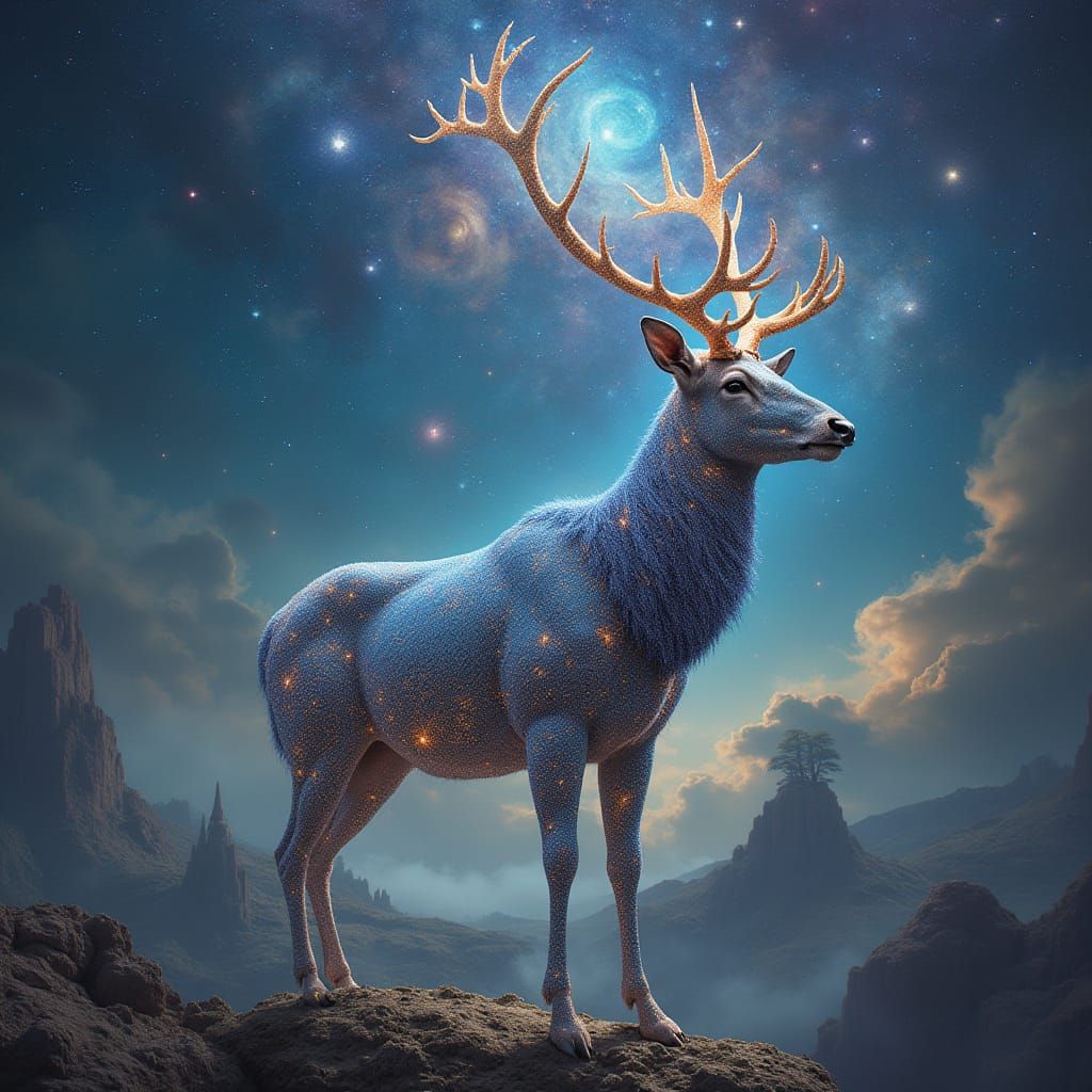 Stardust Deer on Floating Islands in Dreamlike World
