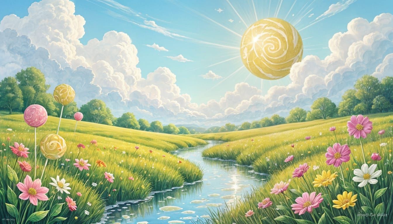 Enchanting Meadow of Candy Grass and Lollipop Flowers