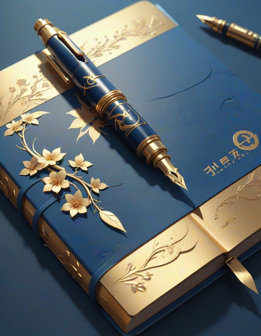 Luxurious Fountain Pen Writes on Golden Book in Vibrant Dark...