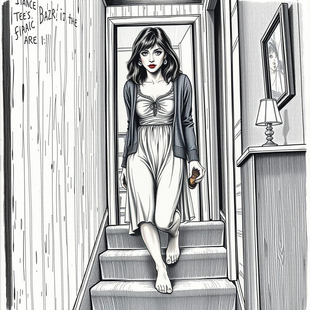 Barefoot Girl in Prom Dress: Engraving Style Illustration