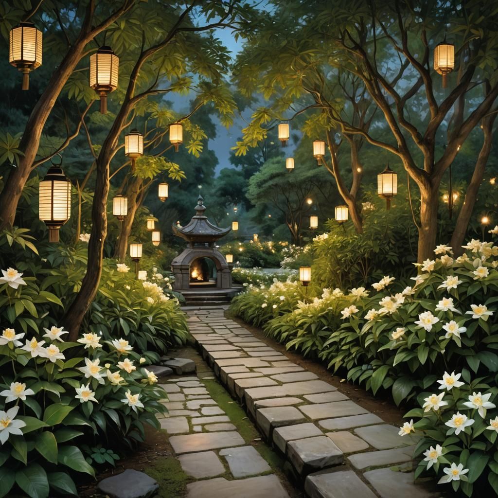 Moonlit Lantern Path Through Enchanted Secret Garden