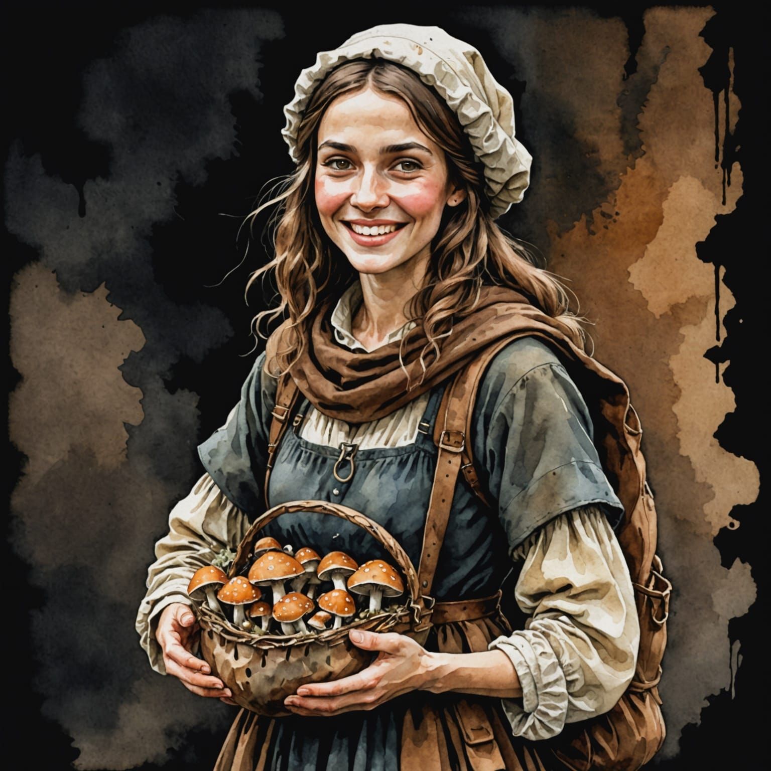 Smiling Medieval Hag with Mushrooms in Comic Style