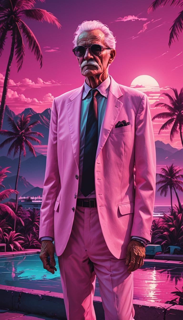 Synthwave Old Man in Pink Suit with Glasses