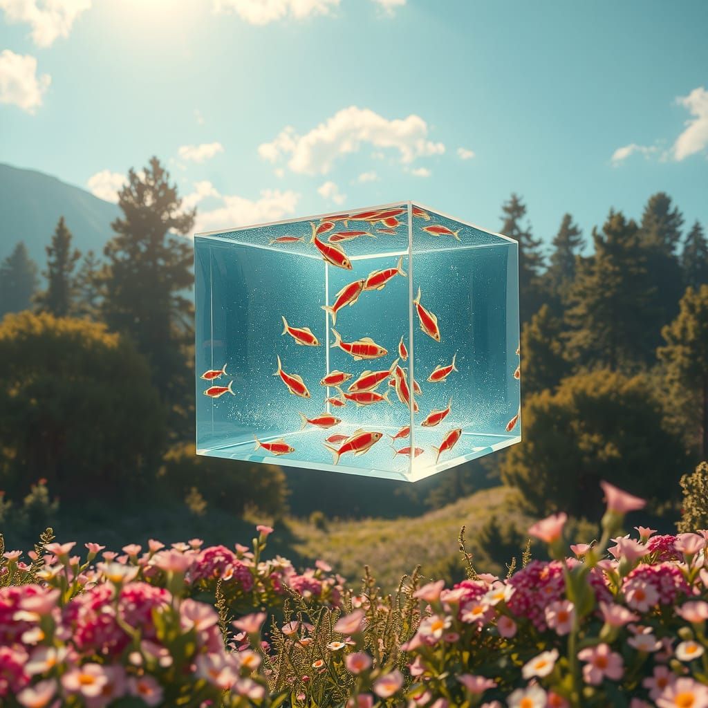 Floating Water Cube in Golden Landscape, Dreamy Art