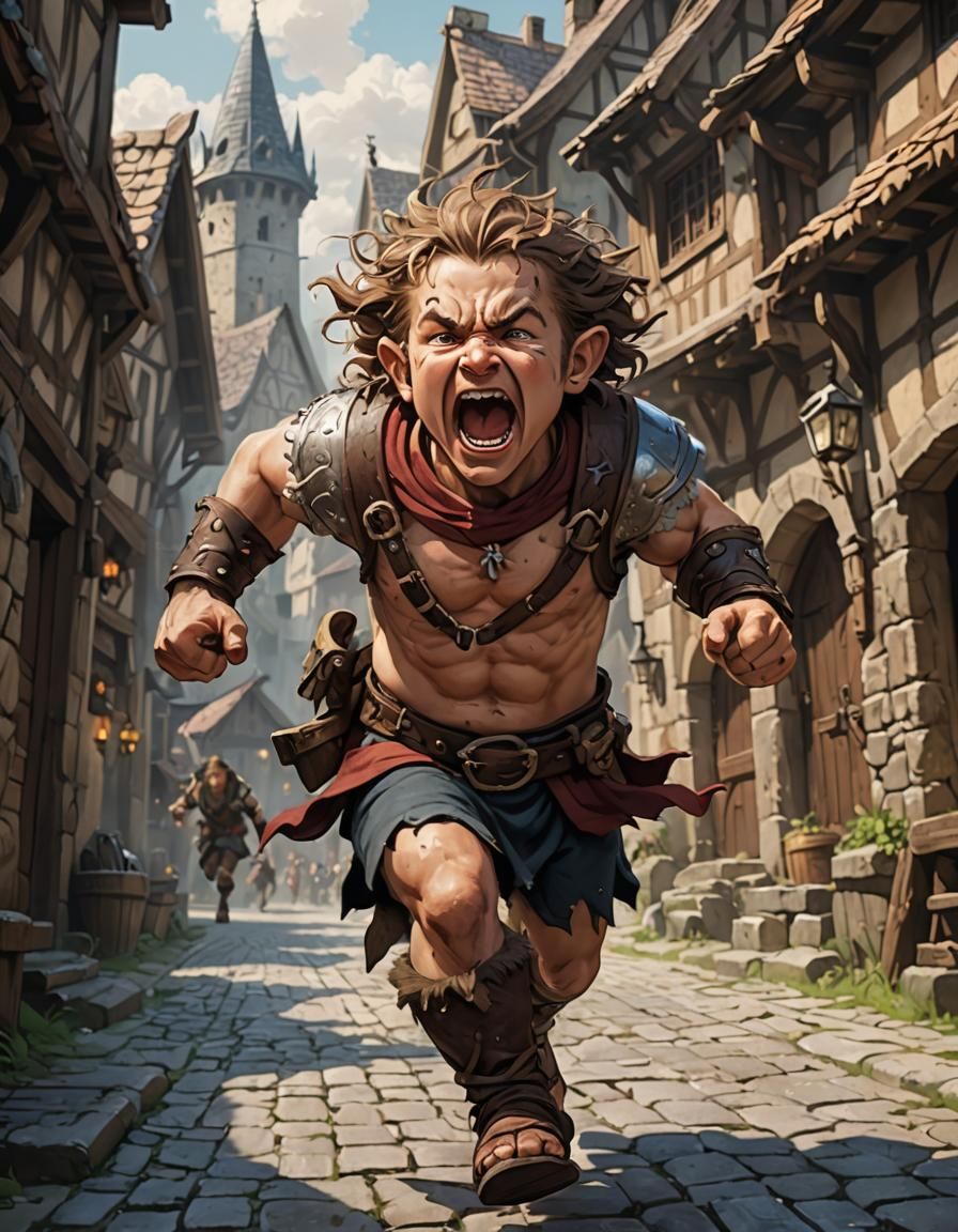 Halfling Barbarian Running Through Medieval Town