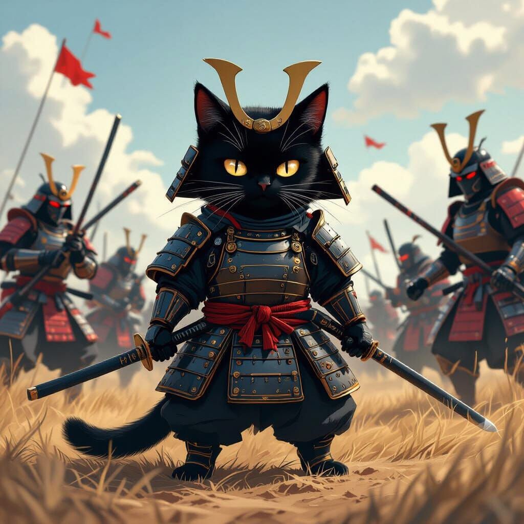 Armored Samurai Cat Leads Robot Army into Battle