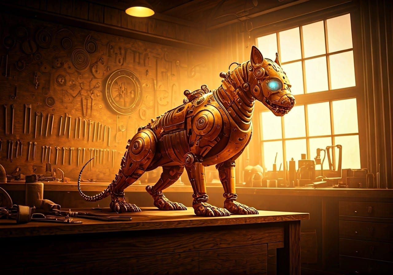 Steampunk Mechanical Pet in Inventor's Workshop