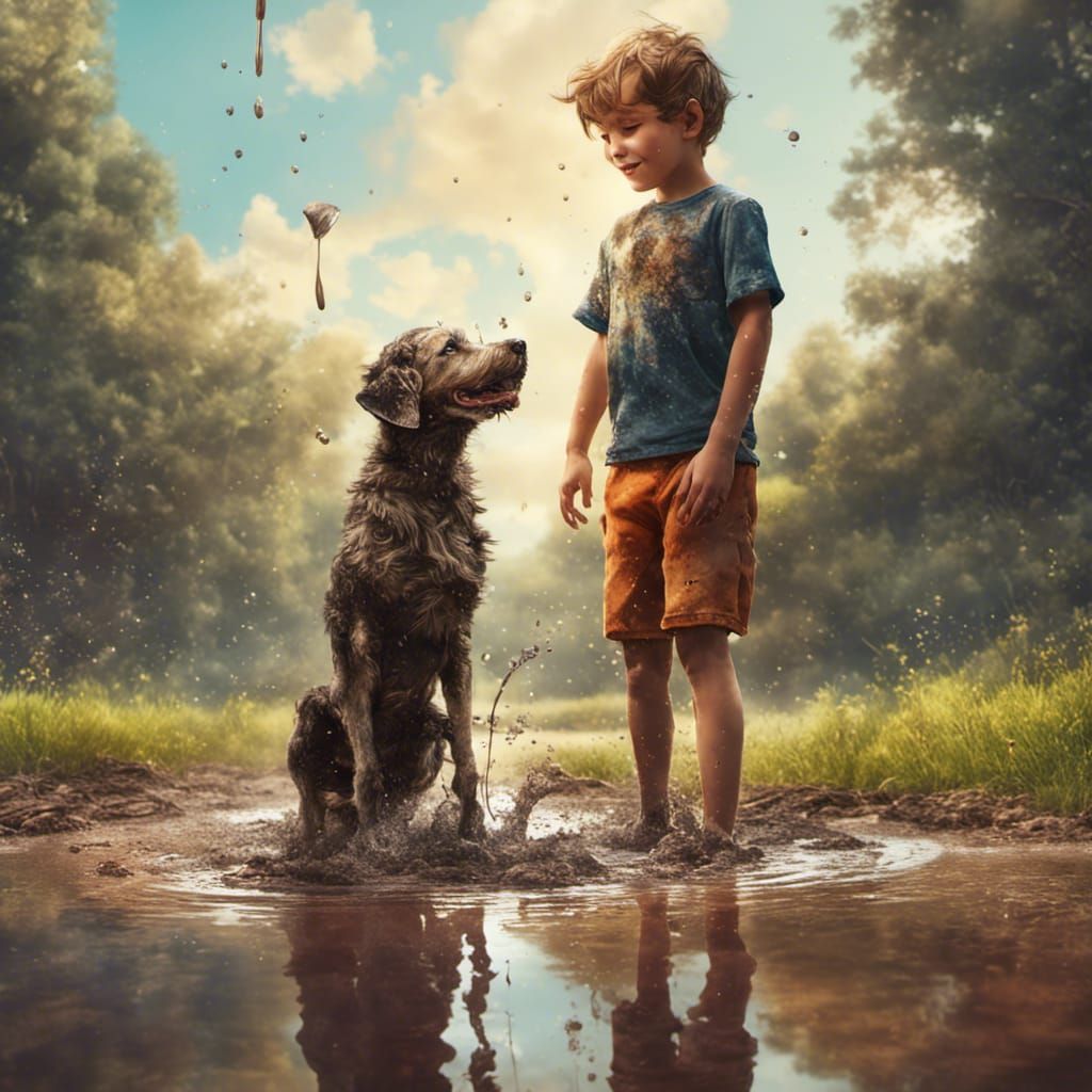 Boy and Dog's Summer Mud Puddle Adventure