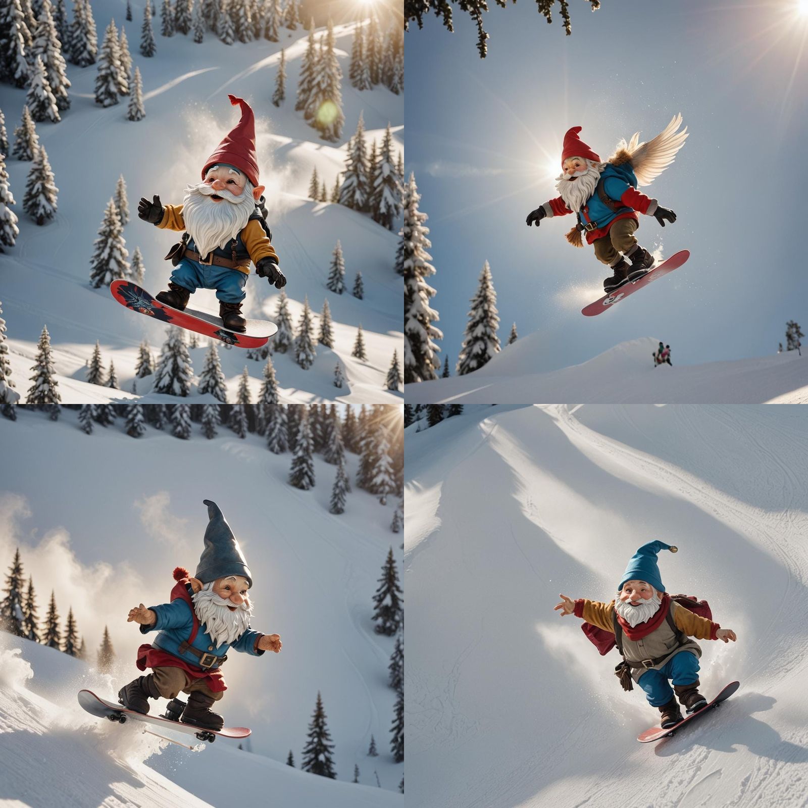 Gnome on Snowboard in Sunlight