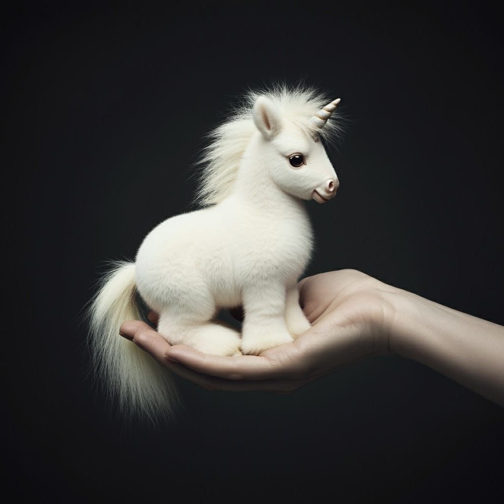 A Tiny, Fluffy Unicorn in a Woman's Hand, in a Realistic Sty...