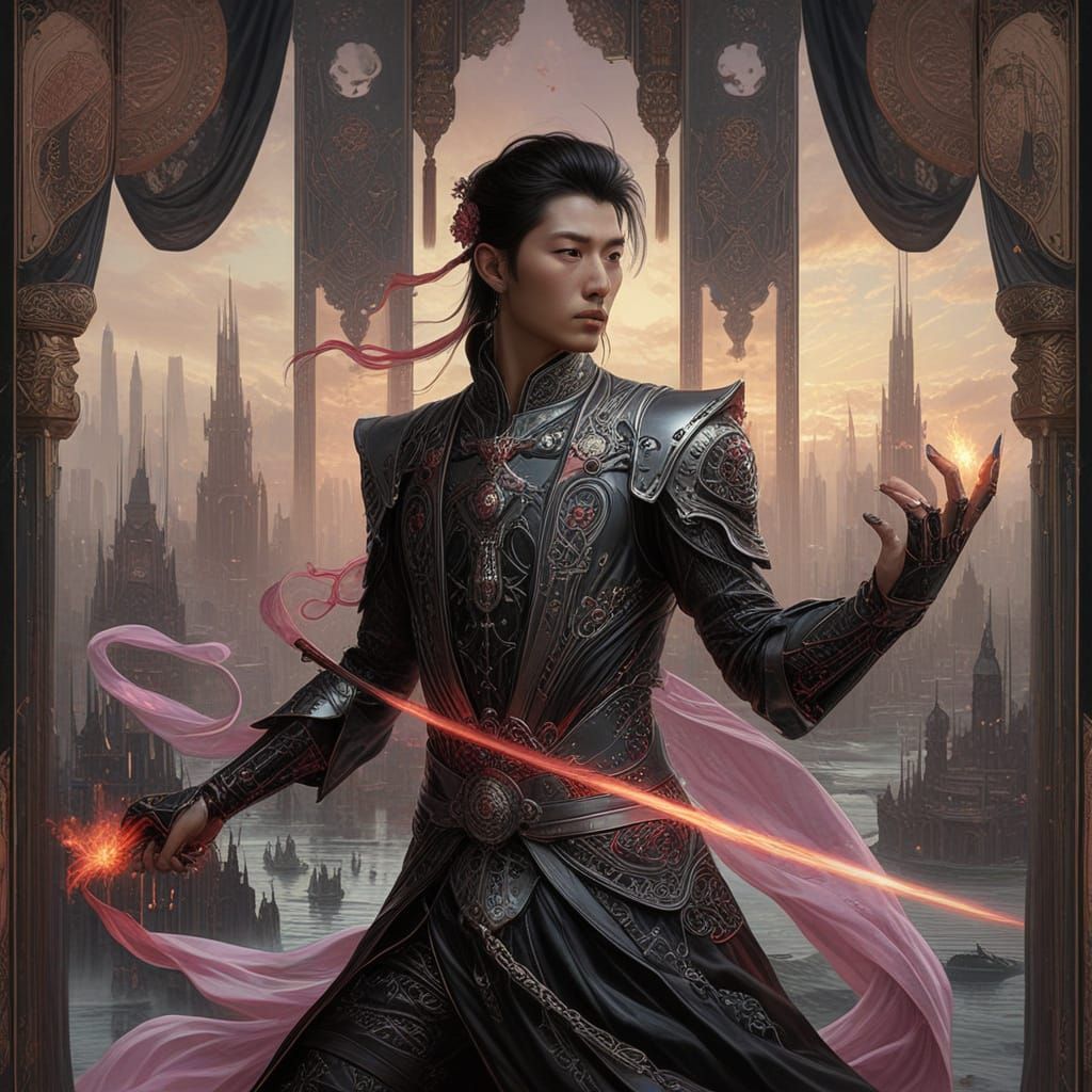 Cyberpunk Xianxia Prince in Gothic Alien Metropolis