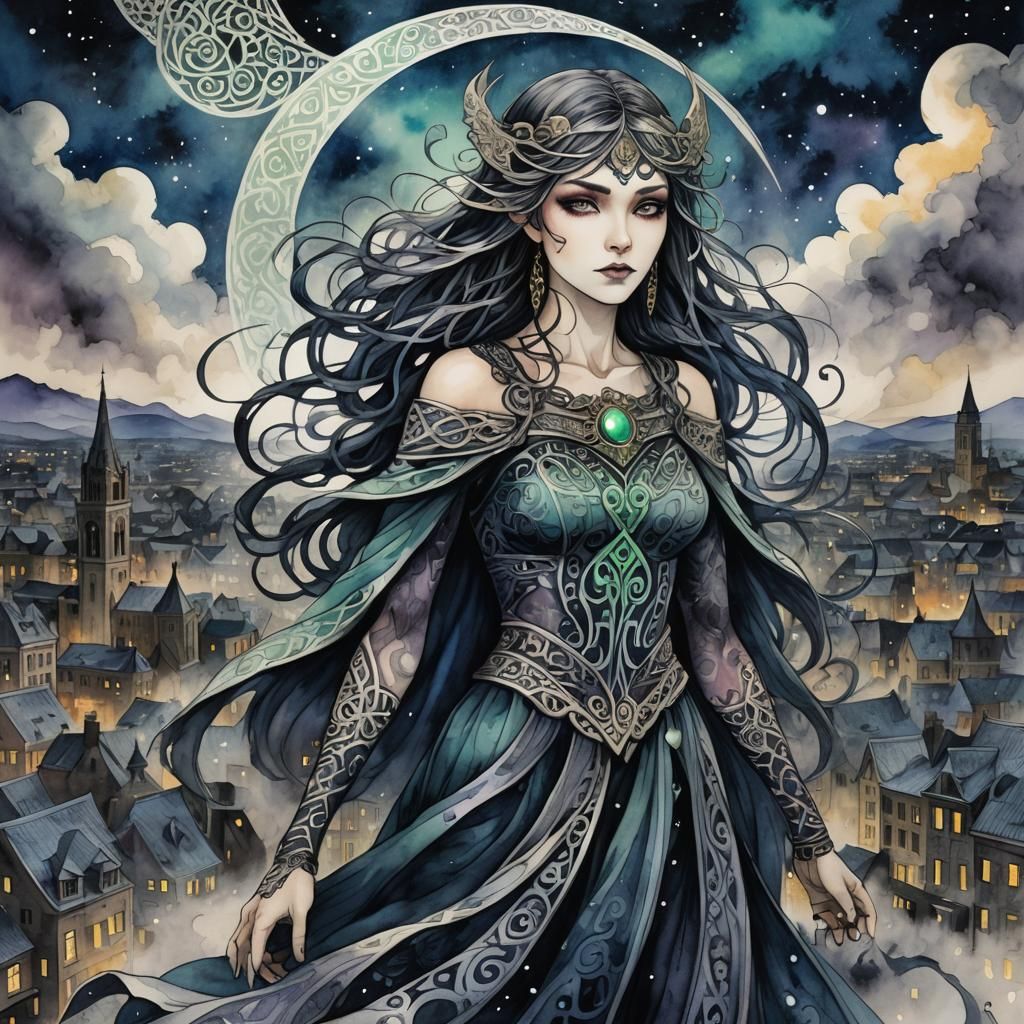 Morrigan in Celtic Anime Cityscape, Ghibli Style