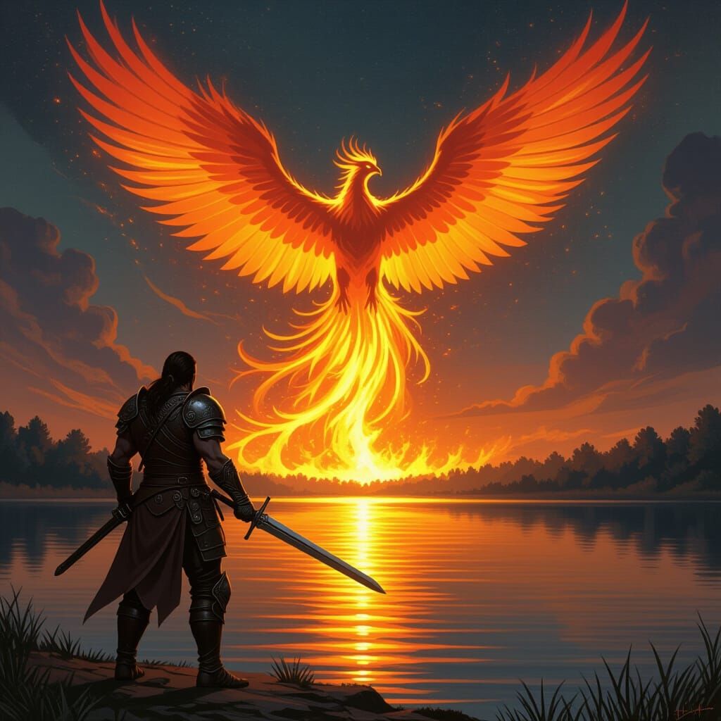Warrior and Phoenix Spirit in Epic Fantasy Style