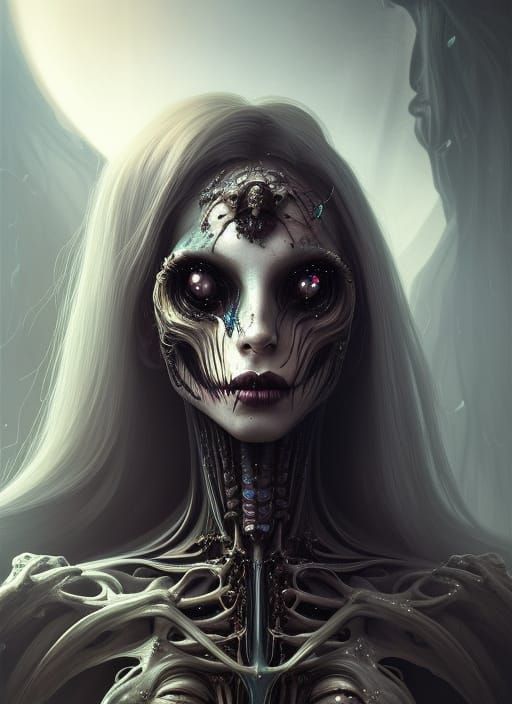 Necrotic Alien Princess Portrait: Biomechanical Digital Art