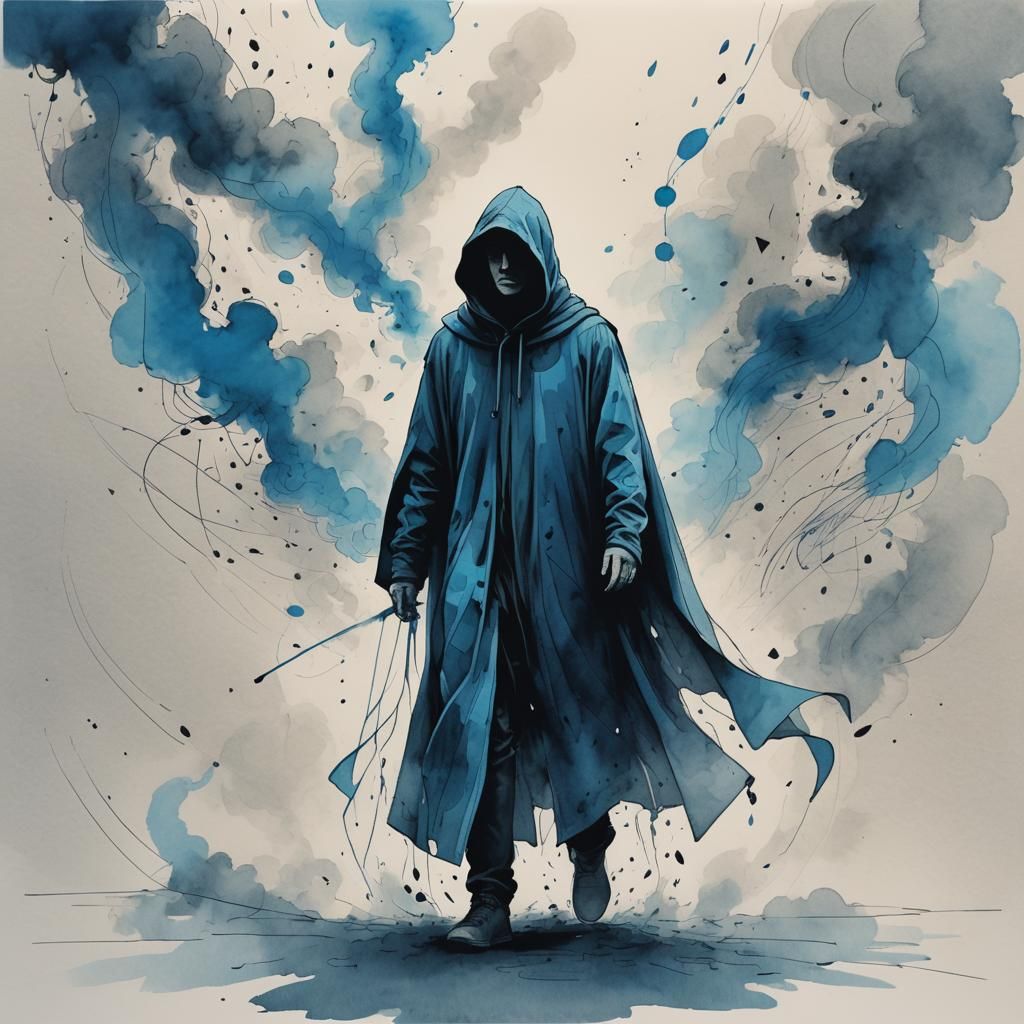 Cloaked Figure in Smoke: Minimalist Ink Sketch