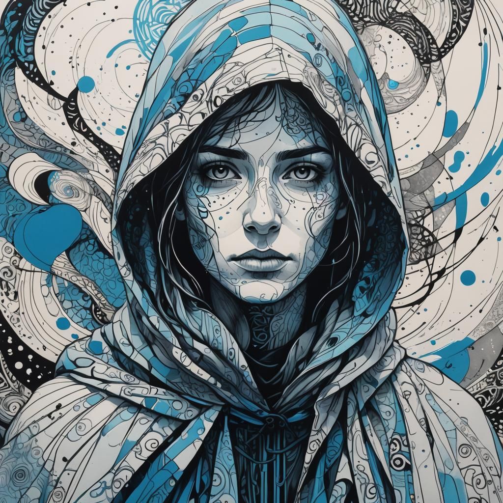 Hooded Figure in Minimalist Ink and Watercolor Sketch