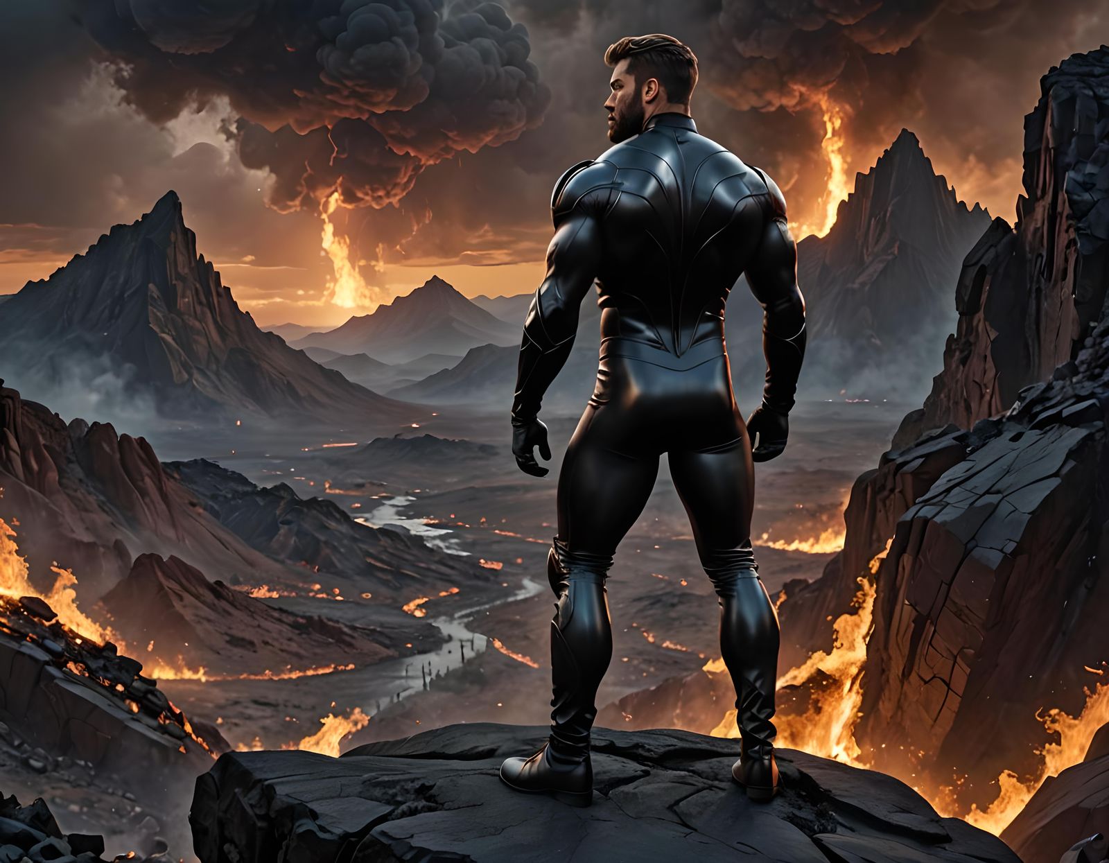 Hyperrealistic Muscular Man Overlooking Fiery Underworld