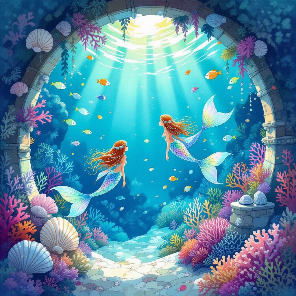 Merfolk City in Vibrant Watercolor Style