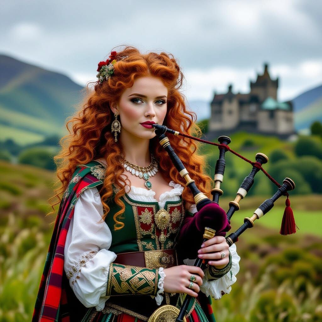 Scottish Princess Plays Bagpipes in Lush Landscape