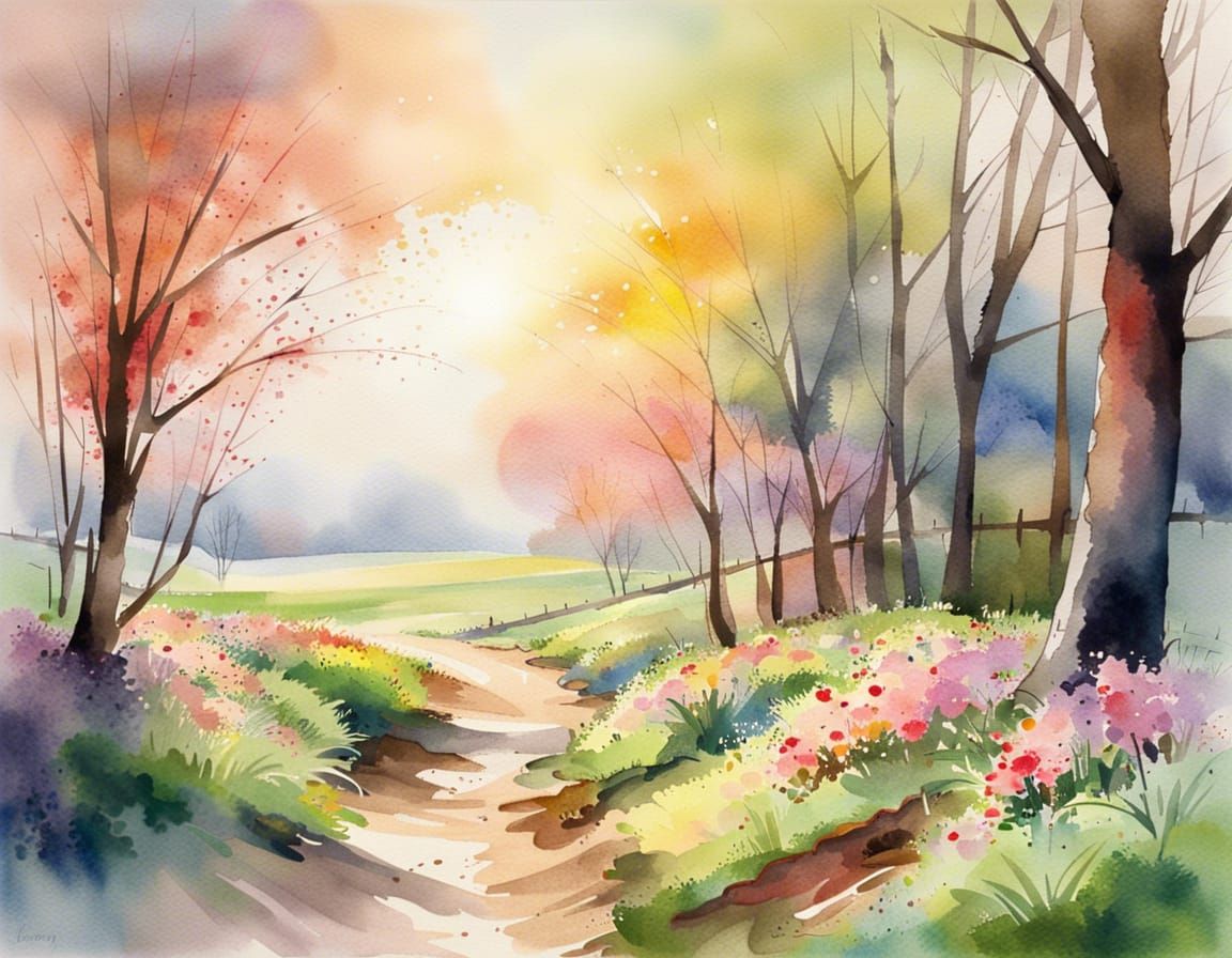 Watercolor Spring Landscape with Sunshine Rays
