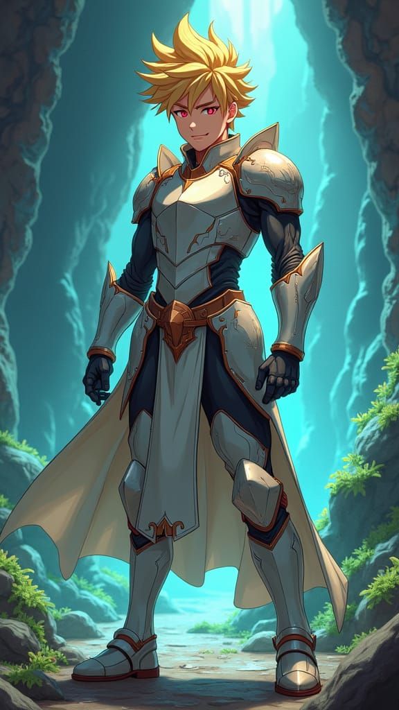 Anime Boy in Dungeon with Fantasy Armor