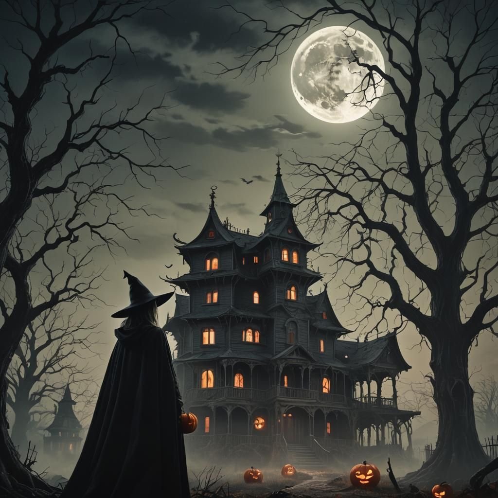 Anime Witch in Dark Fantasy Landscape