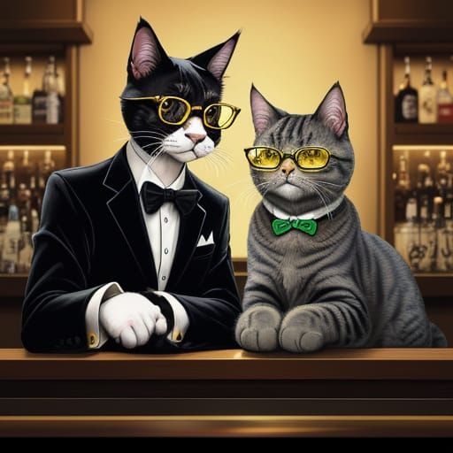 Sophisticated Feline Duo in a Whimsical Bar Scene