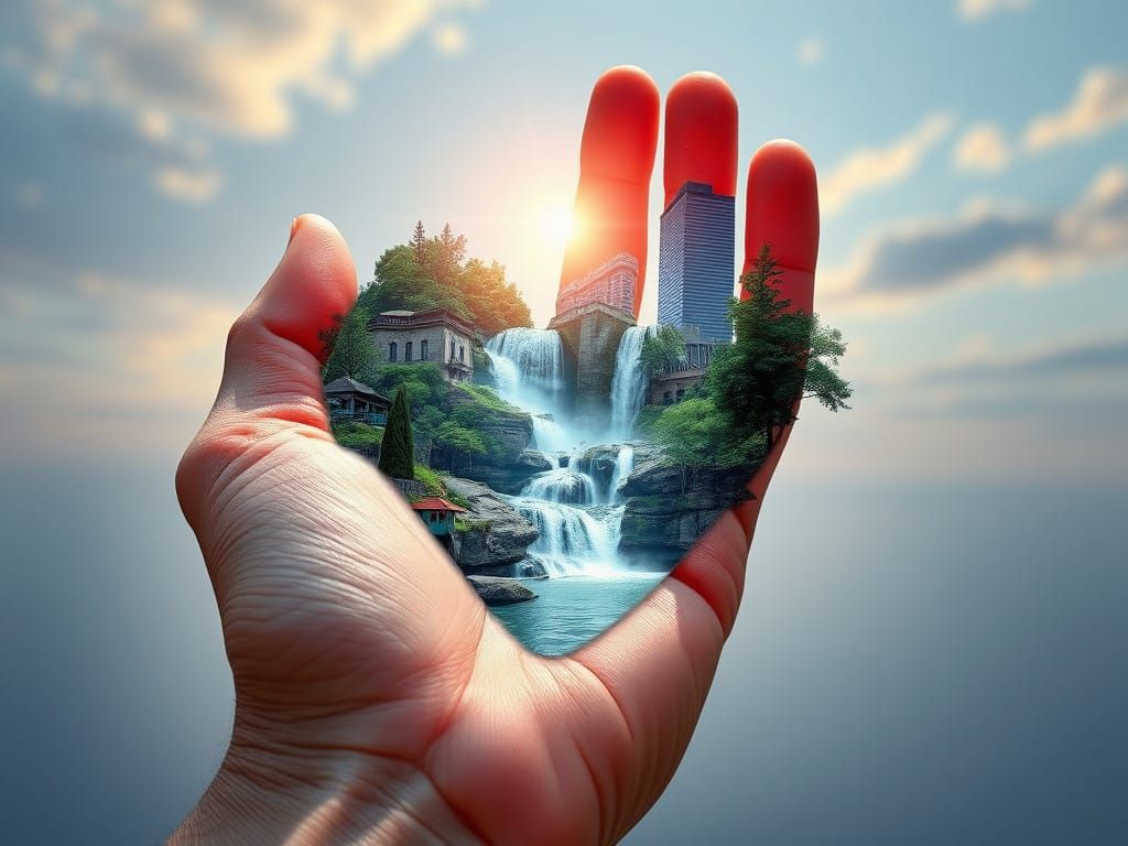 Surrealistic Masterpiece: Hand Radiates Loveheart Waterfalls