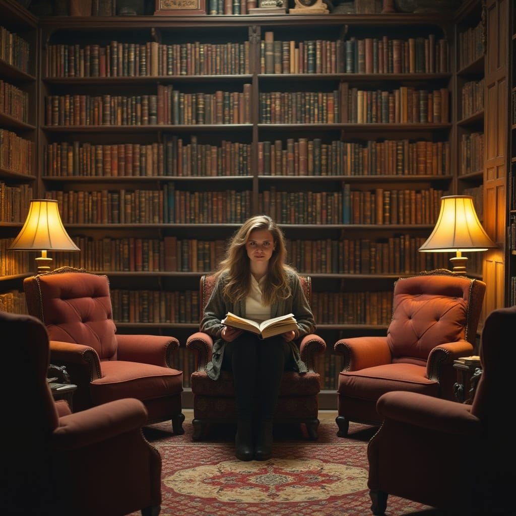 Cozy Library Scene in Rustic Fantasy Style
