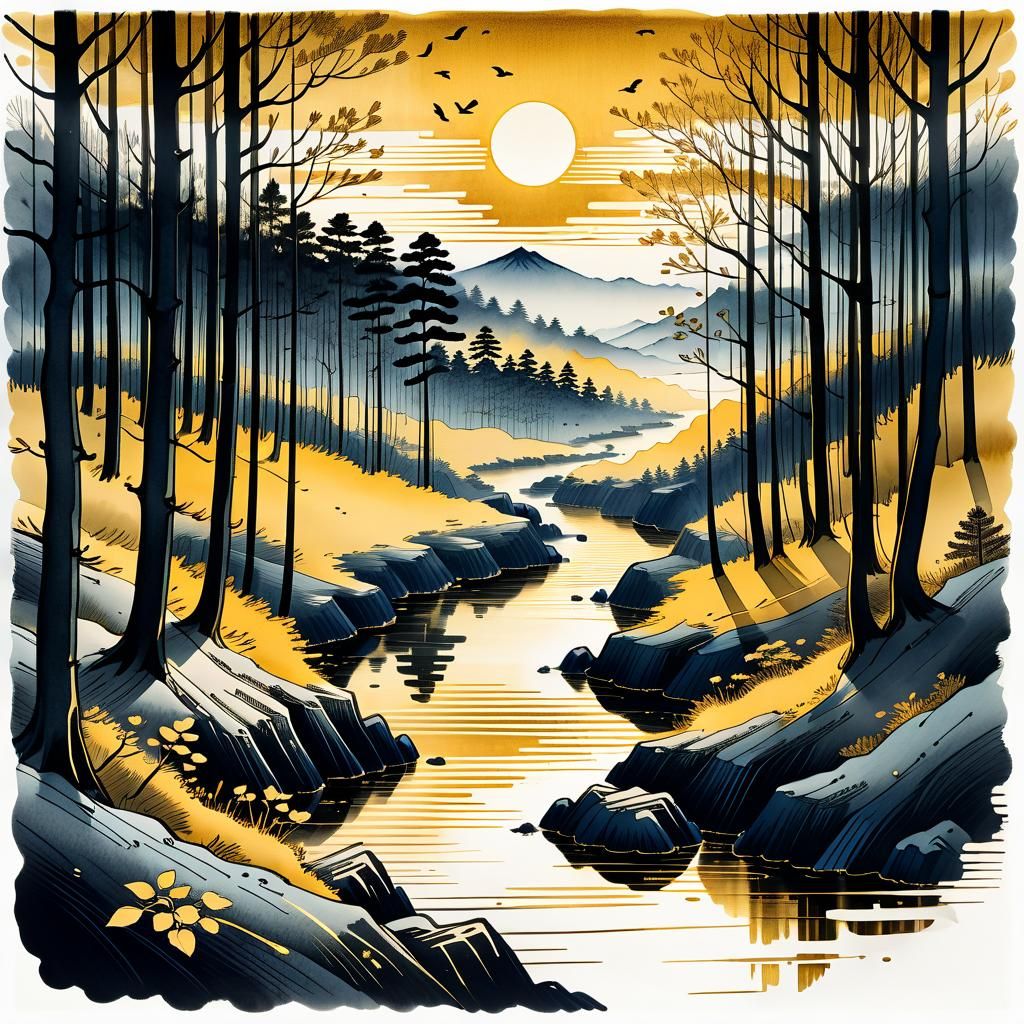 Woodland Sunrise: Minimalist Ink Illustration in Hiroshige S...