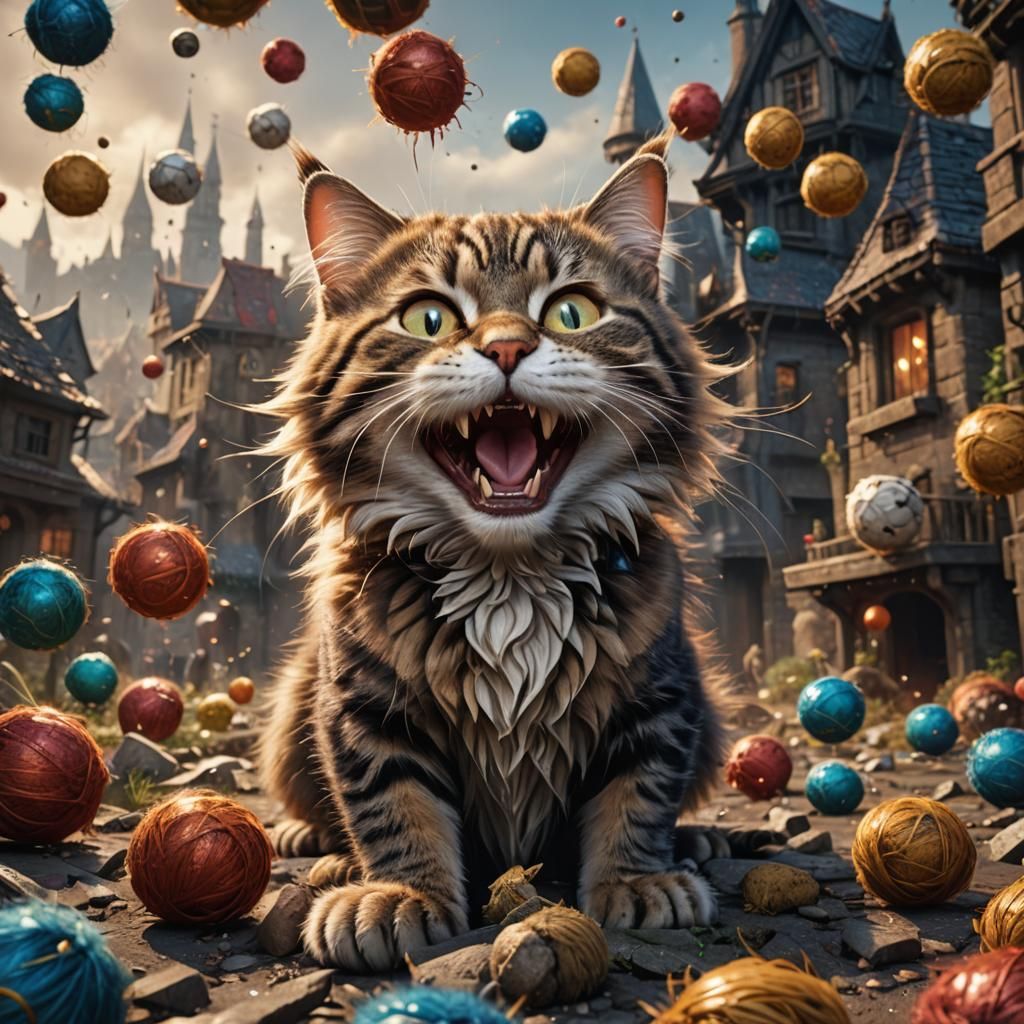 Humorous Cat Hacking Hairball: Detailed Matte Painting