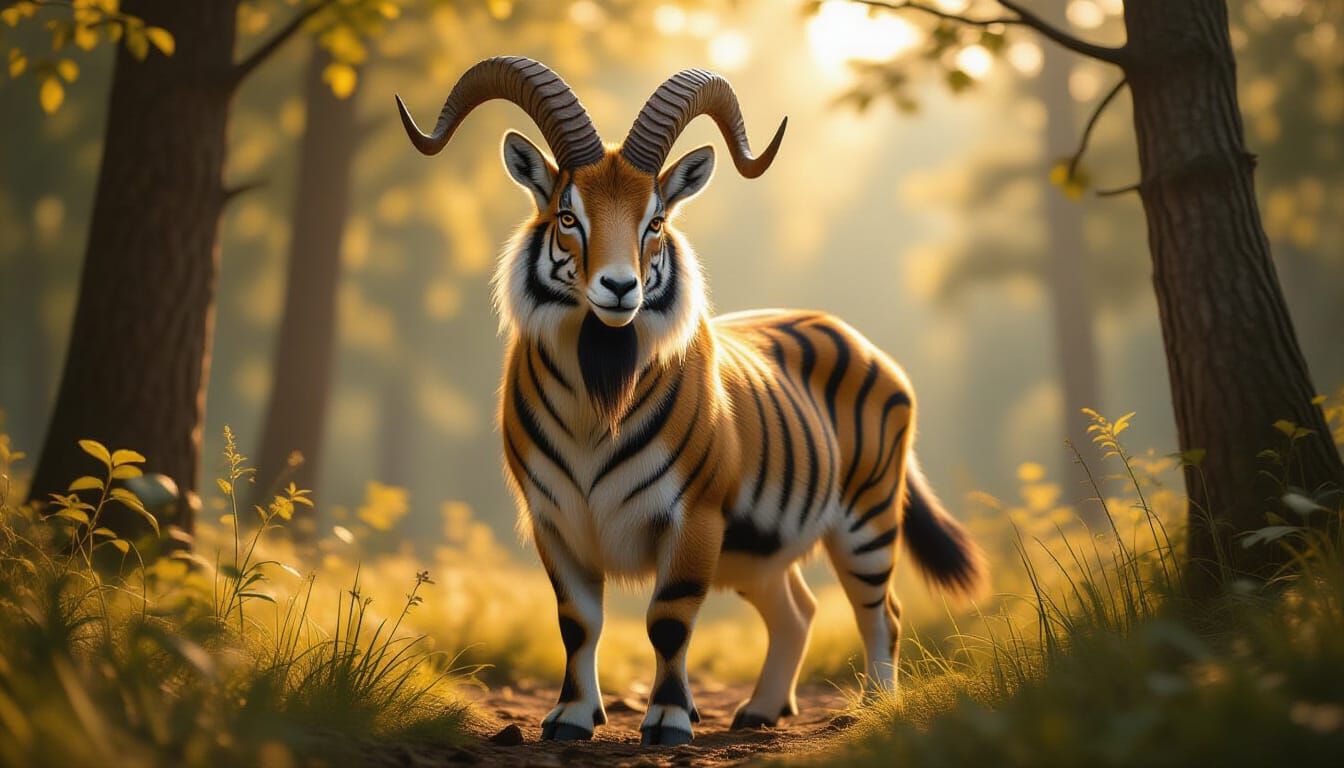 Photorealistic Goat-Tiger Hybrid in Forest Clearing