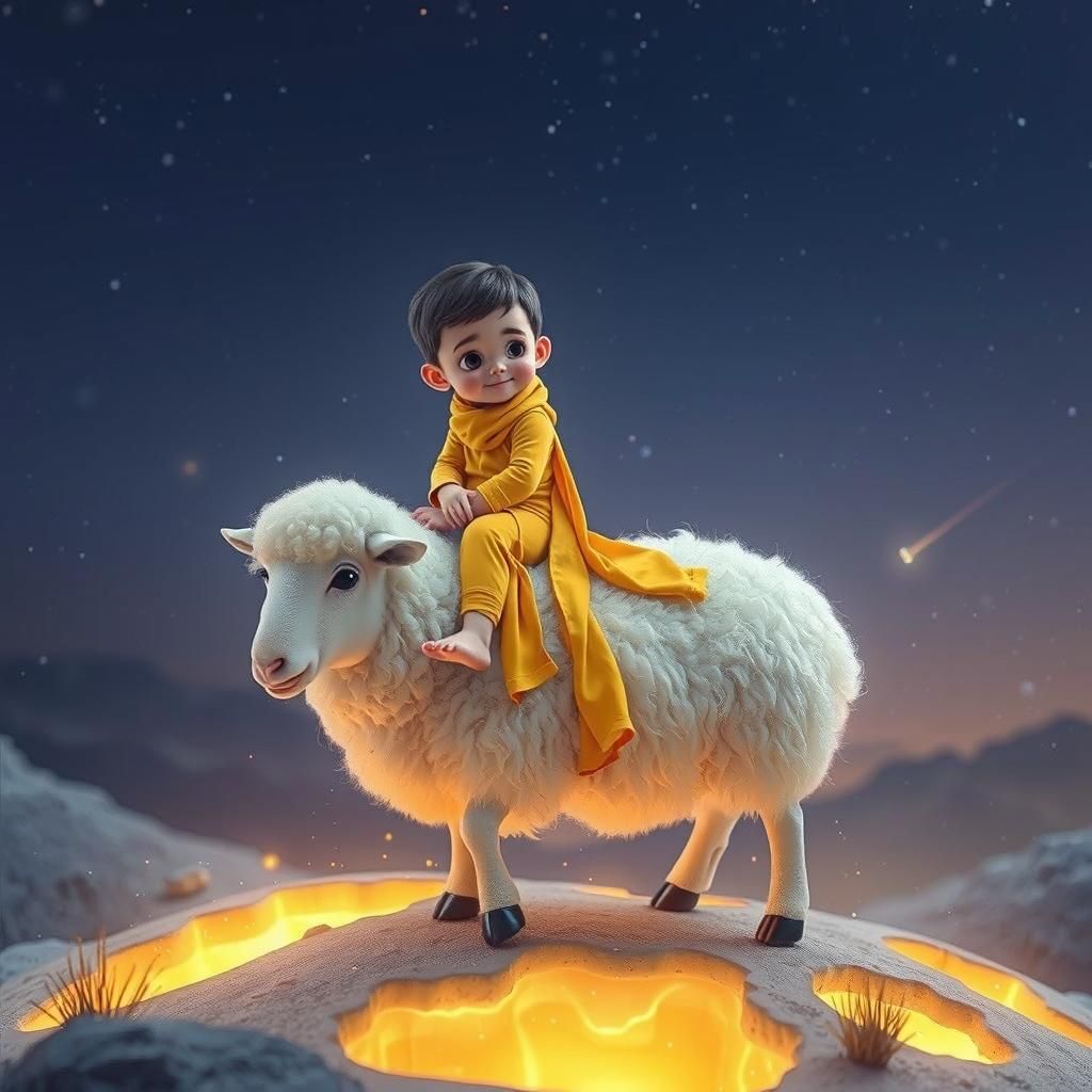 Young Prince on Sheep in Astral Night Sky