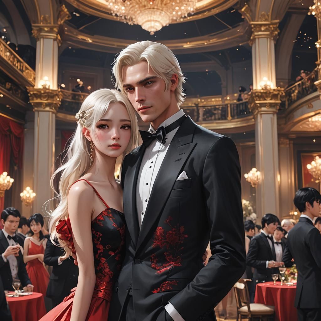 Anime Style Ball Scene with Woman in Red Dress