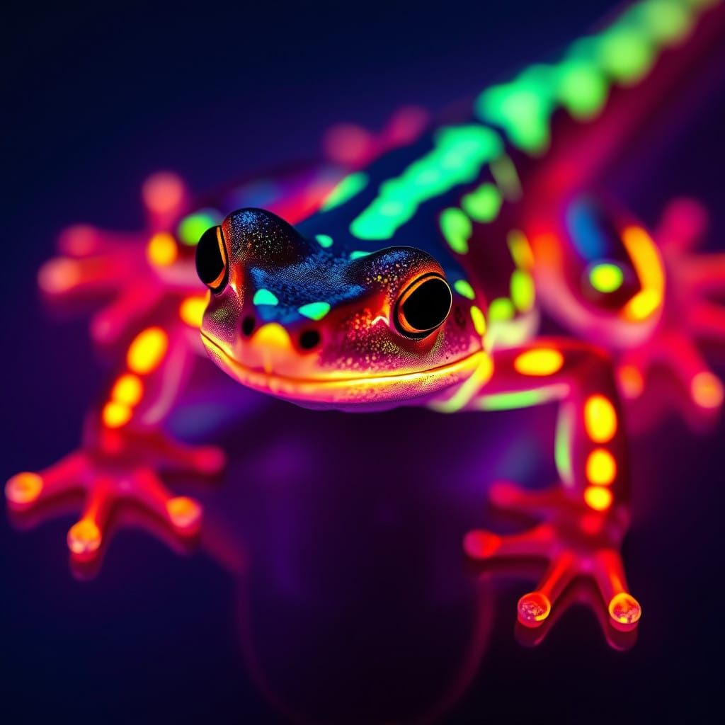 Neon-Lit Amphibian Creature in Hyperrealistic Detail