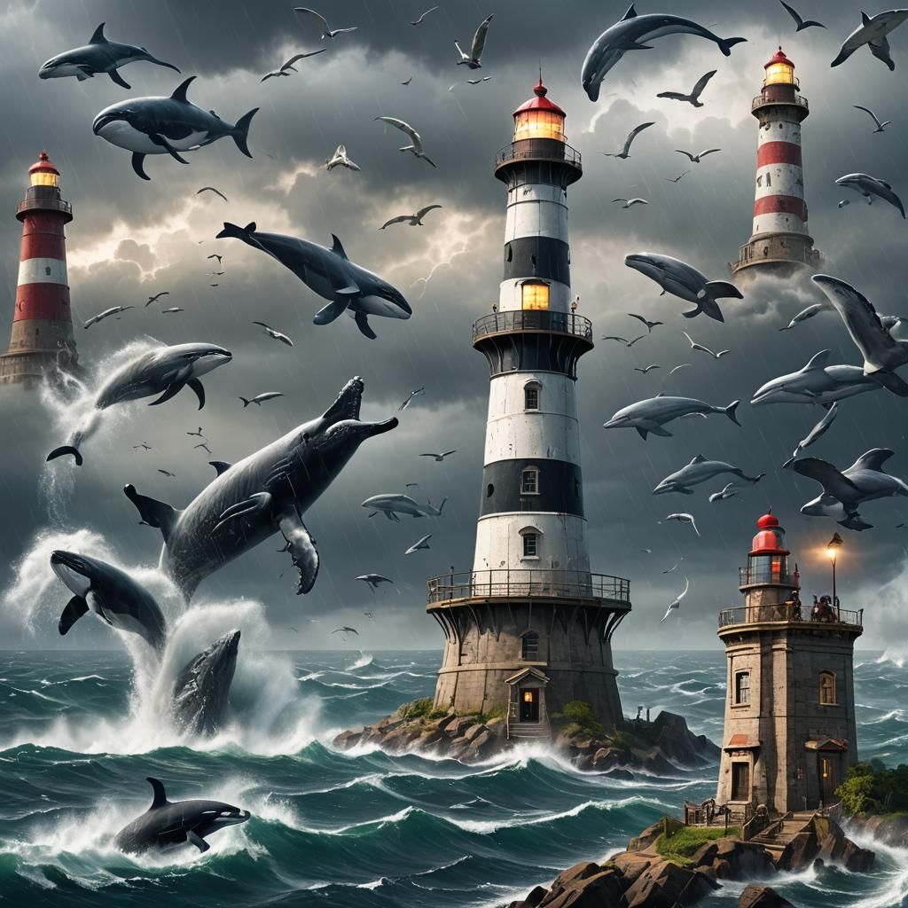 Stormy Lighthouse with Whales and Zoo Animals