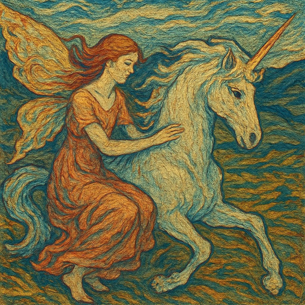 Fairy and Unicorn: Post-Impressionist Oil Painting