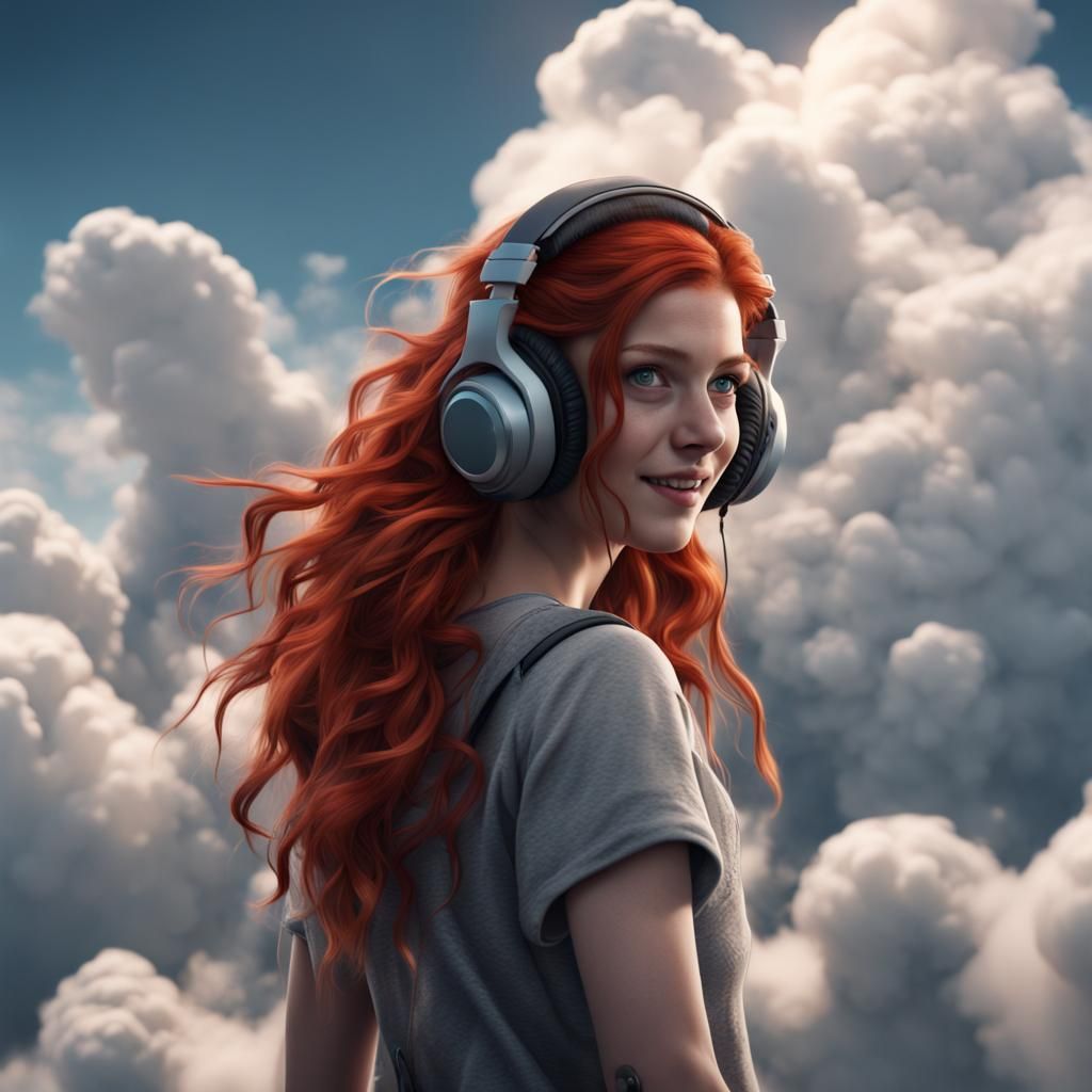 Happy Red-Haired Teen on Clouds: Fantasy Art
