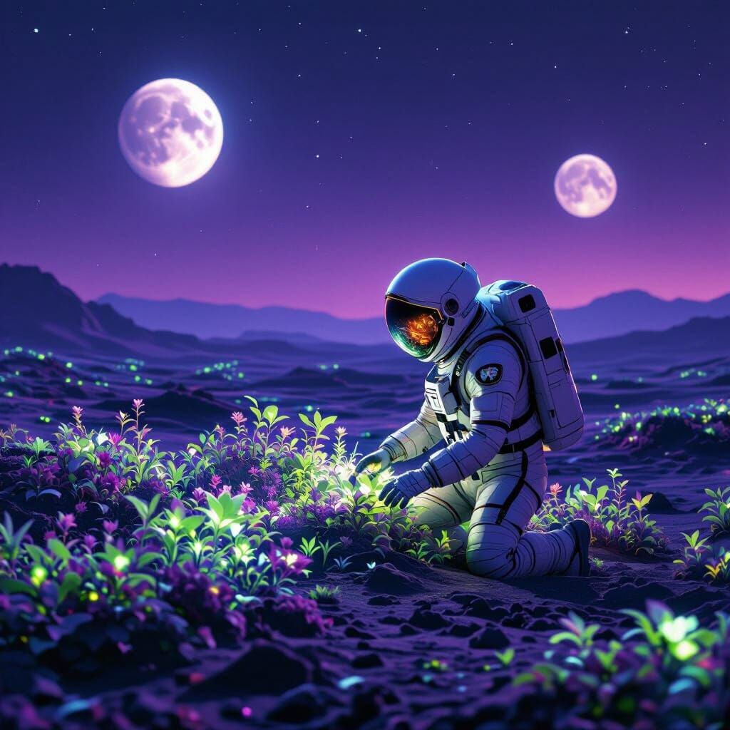 Astronaut Tending Bioluminescent Garden on Alien World