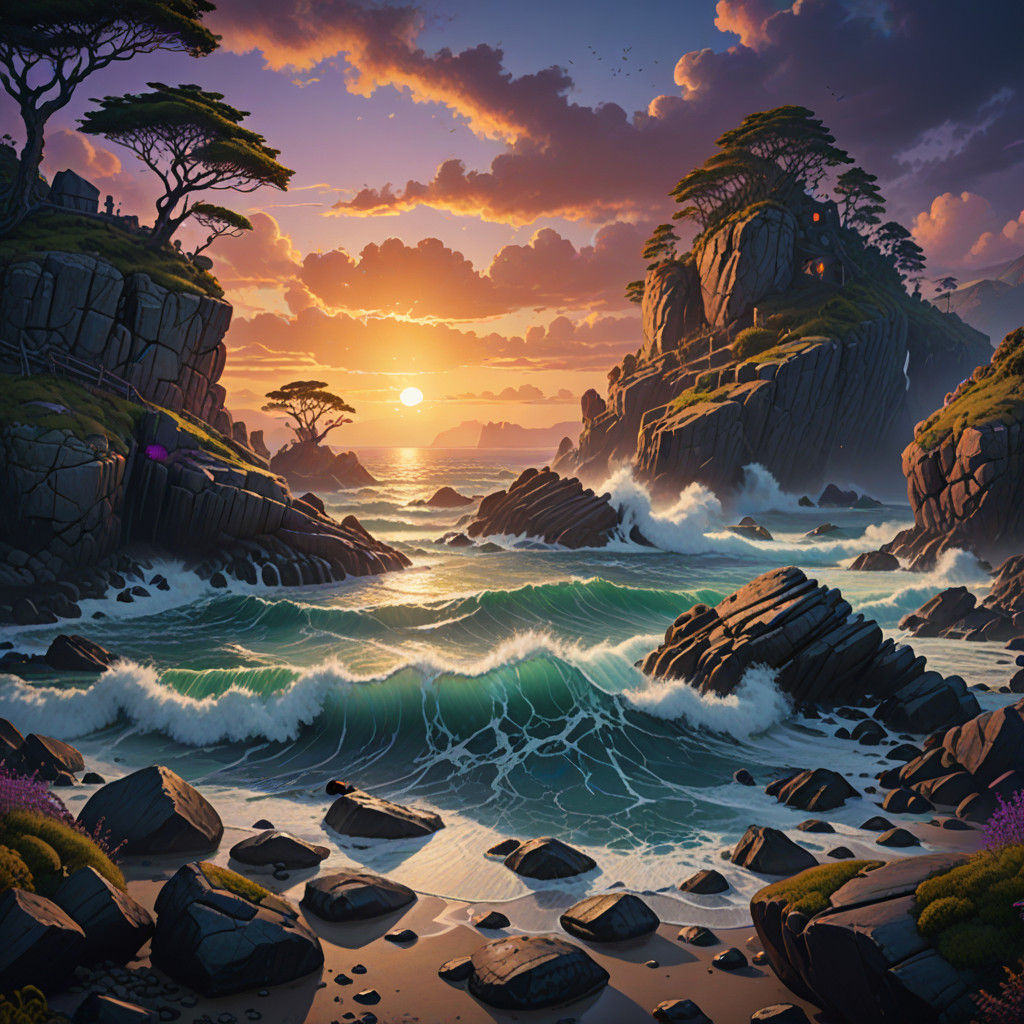 Fantasy Rocky Coastline in Cinematic Sunset