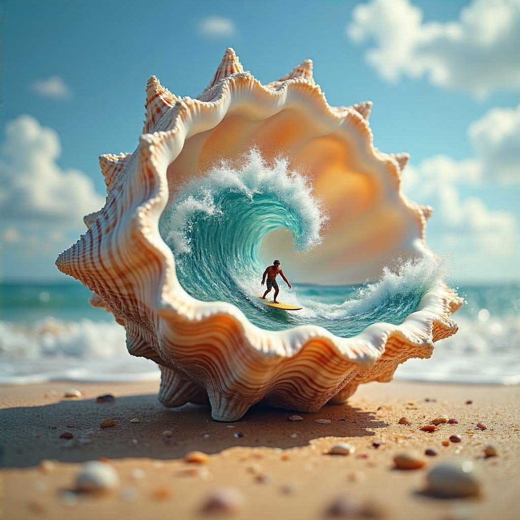 Whimsical Beach Scene with Conch Shell and Surfer